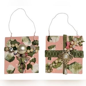 set of 6 pink and green handmade wooden christmas ornaments